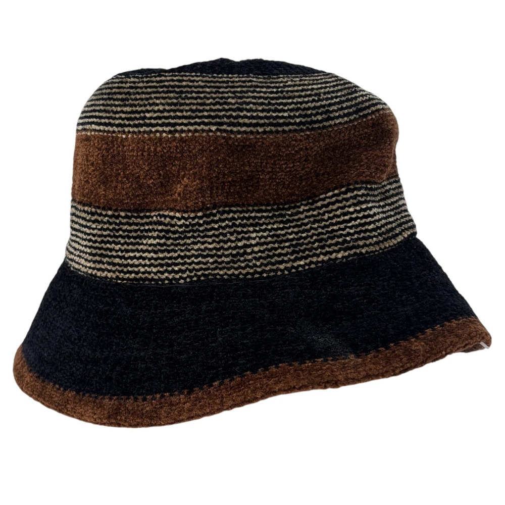 Vintage Tae Kyung Korea Bucket Hat Black Brown Striped Acrylic Cloche Cap